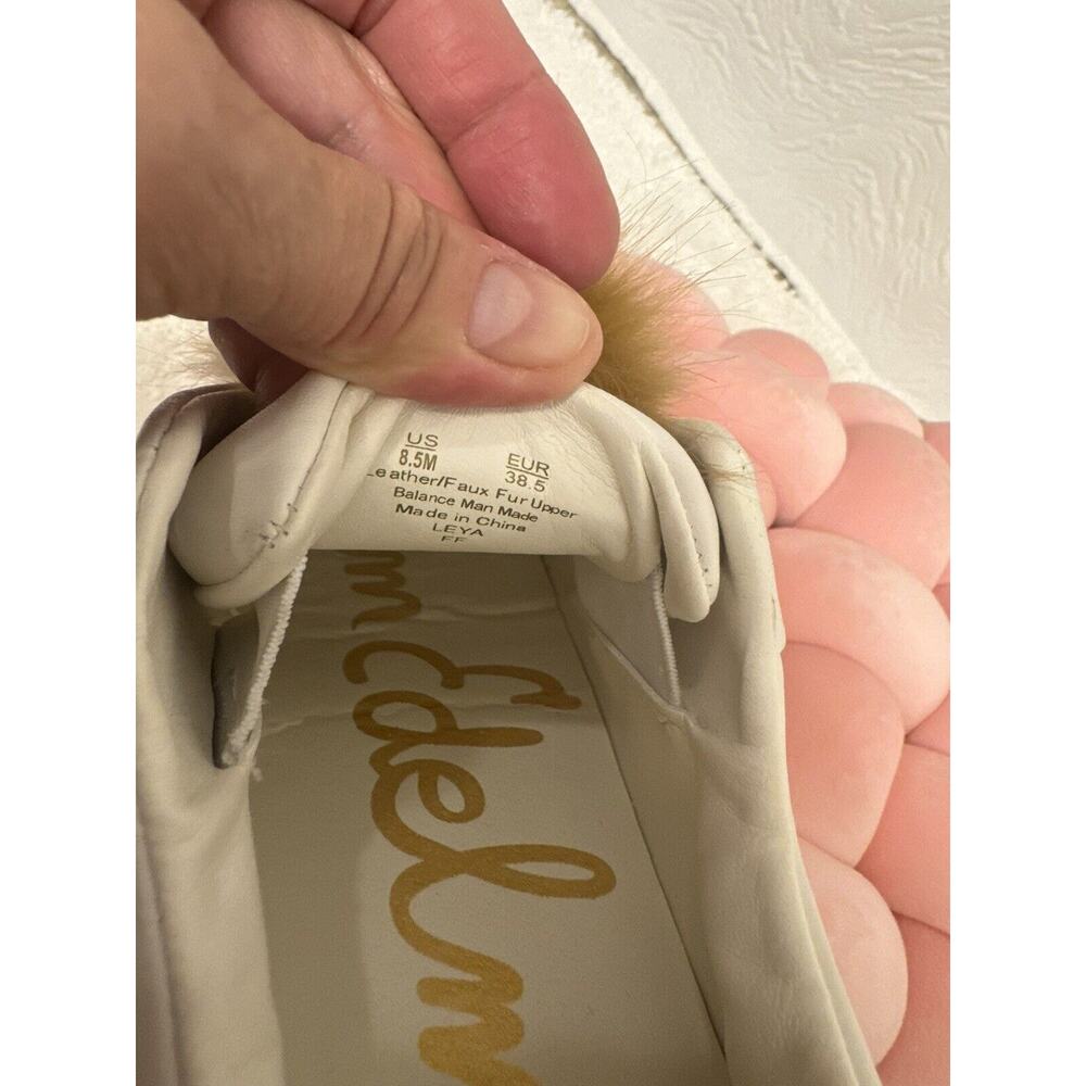 Sam Edelman Leya White Leather Tan Blush Faux Fur Pom Pom Sneaker Shoes Sz 8.5 - Picture 5 of 6